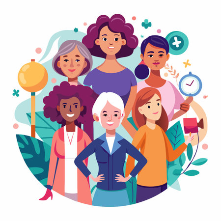 Diverse group of women standing together in a stylized colorful illustrationのイラスト素材