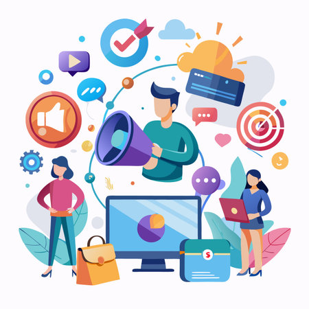 Colorful digital marketing concept with icons and people around screen, speaker and business itemsのイラスト素材