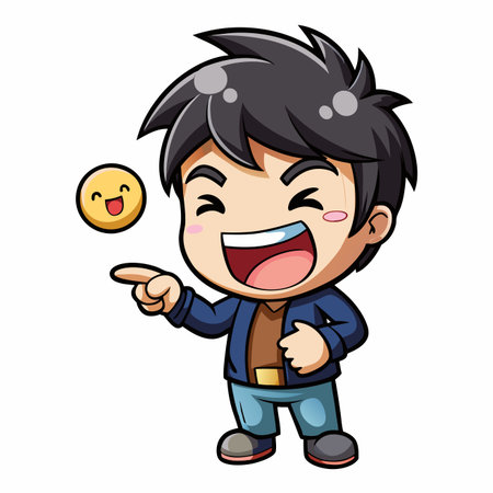 Cartoon boy pointing; smiling face. Joyful expressionのイラスト素材