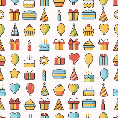 Birthday pattern with cakes, gifts, balloons, and hats, on a bright backgroundのイラスト素材