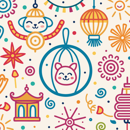 Whimsical pattern with monkeys, lanterns, and stars on beige, colorful and playful designのイラスト素材