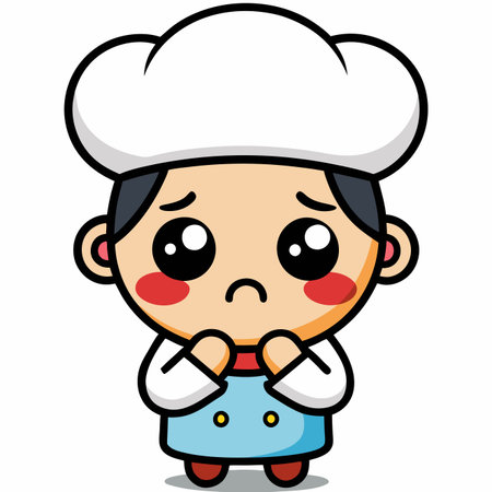 Cartoon chef, sad eyes, rosy cheeks, hands clasped. Blue apron, chef's hat. Kawaii styleのイラスト素材