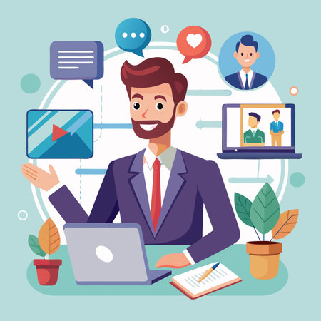 Businessman interacting online, surrounded by digital elements. Business settingのイラスト素材