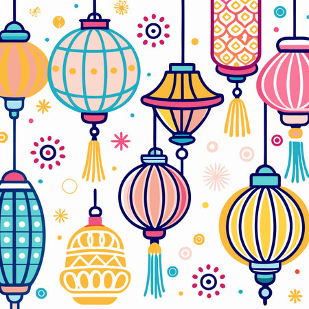 Lanterns Festive, colorful, hanging paper decorations. Ornate, geometric patternsのイラスト素材
