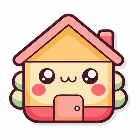 Cute house illustration with a simple design, blushing cheeks, and friendly, smiling faceのイラスト素材