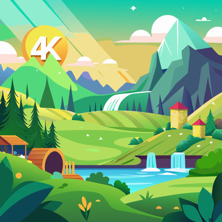 Vivid, cartoon landscape with mountains, waterfalls, huts and a barrel-like structureのイラスト素材
