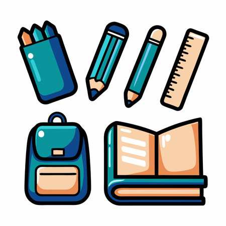 School supplies backpack, pencils, ruler, book and pencil case. Study time and education toolsのイラスト素材