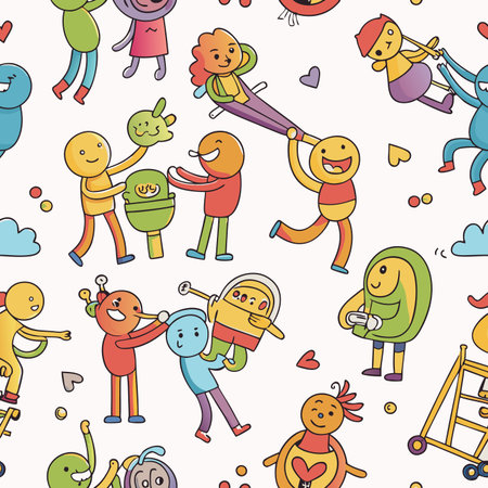 Cheerful cartoon figures in a playful, colorful, patterned design on a light backgroundのイラスト素材