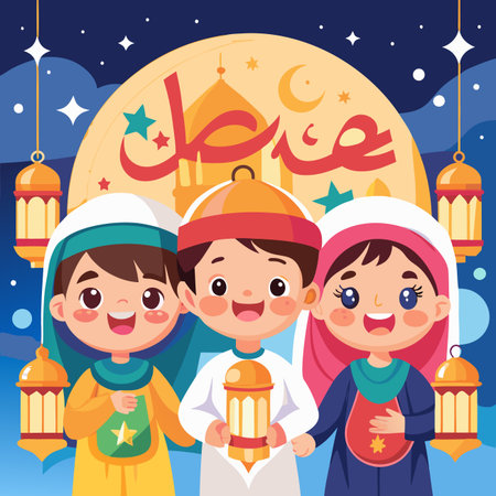 Children celebrate with lanterns and the moon, against the background of buildings and starry nightのイラスト素材