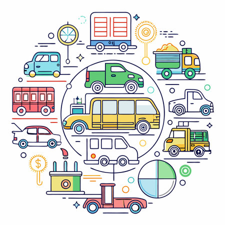 Colorful vehicle icons arranged in a circle, various types of cars, trucks, and vansのイラスト素材