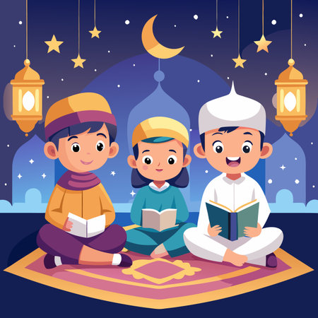 Children reading books beneath a crescent moon and stars. Night sky and lanterns backgroundのイラスト素材