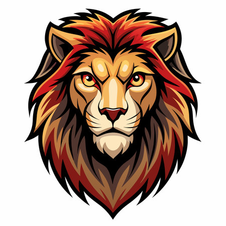 Lion head illustration, detailed mane, intense gaze, colorfulのイラスト素材