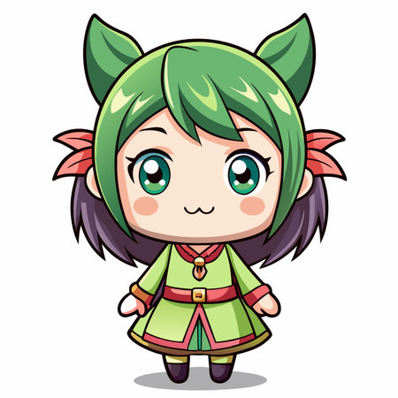 Cute anime girl with green hair and cat ears in a green dress with pink flowersのイラスト素材