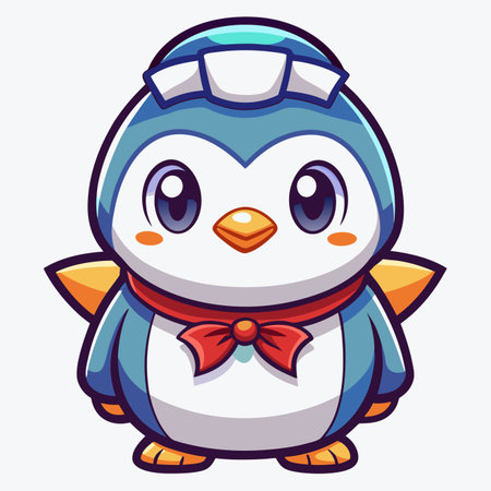 Cartoon penguin wearing cap and bow tie, cute styleのイラスト素材