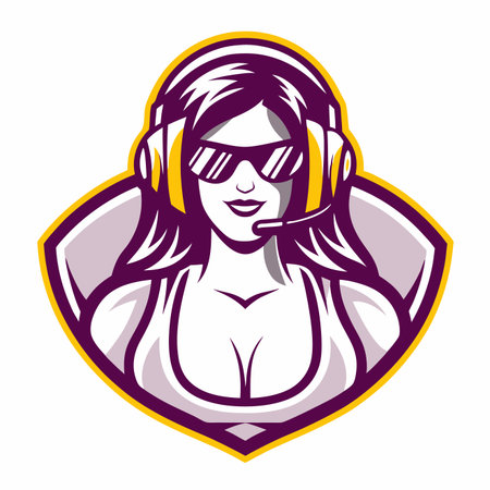 Woman with headset, sunglasses, purple, yellow, and white design. Gaming persona graphicのイラスト素材