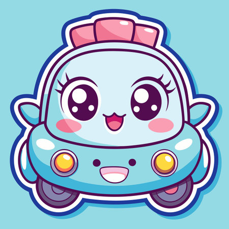 Adorable light-blue car with big eyes, a pink bow, and a cute smile, set against a light-blue backgroundのイラスト素材