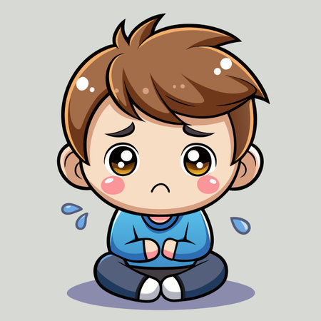 Cartoon character sits cross-legged, eyes wide, sad expression, and teardrops on a light grey backgroundのイラスト素材