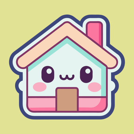 Cute stylized house icon with a sweet, cartoonish face and soft pink accentsのイラスト素材