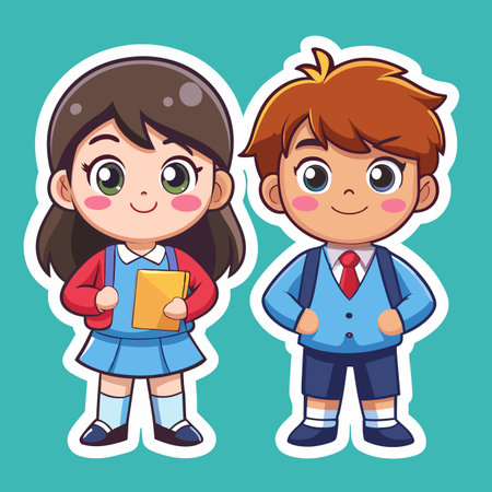 Cartoon depiction of two kids in school uniforms against a solid color backgroundのイラスト素材