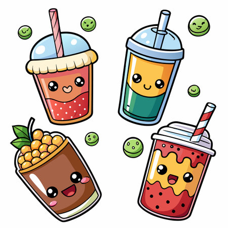 Cute illustrated boba drinks with smiling faces and green pearls float aroundのイラスト素材