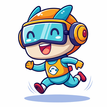 Running kid wearing goggles, smiling widelyのイラスト素材