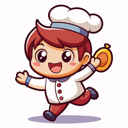 Cute cartoon chef running with gold plate, cheerful, stylizedのイラスト素材