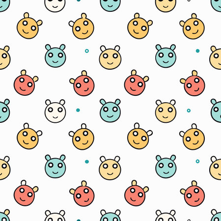 Cheerful pattern of colorful cartoon animal heads with dotted accents on a white backgroundのイラスト素材
