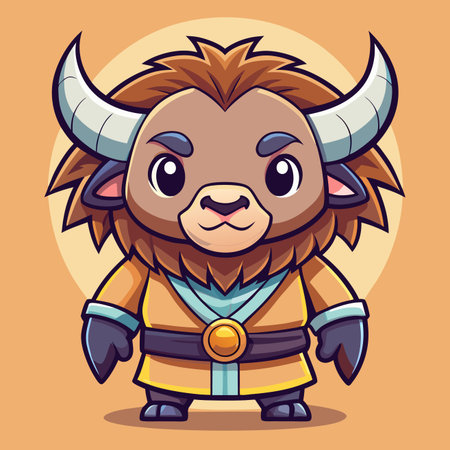 Cartoon bison character. Animalistic, friendly, &amp; stylized. Horns, brown fur, &amp; outfitのイラスト素材