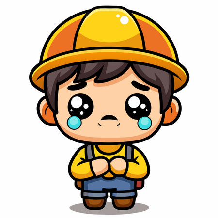 Crying cartoon construction worker with safety helmet. Sad expression, tears, overalls. Isolated on whiteのイラスト素材