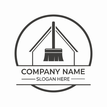 Cleaning service emblem broom inside house outline, encircled. Professional sanitation, minimalist designのイラスト素材