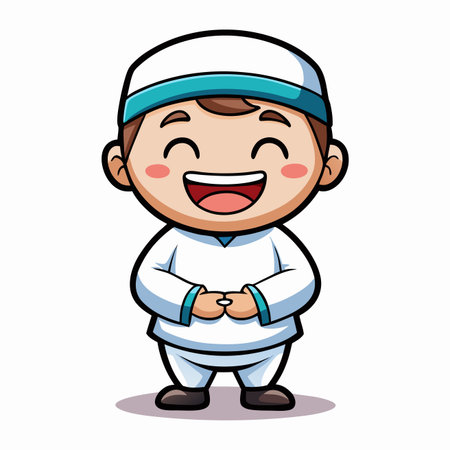 Cartoon boy in white robe &amp; kufi cap, smiling. Hands claspedのイラスト素材