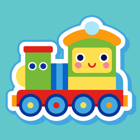 Cute, colorful toy train with happy face on light blue backgroundのイラスト素材