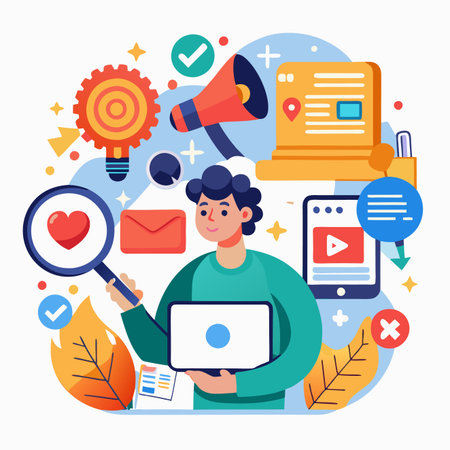 Marketing tools illustration with a person holding a laptop and a magnifying glassのイラスト素材