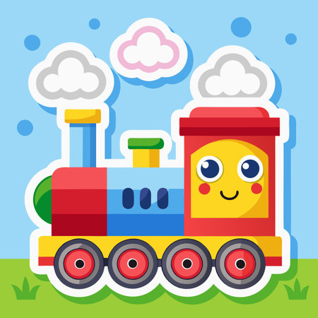 Colorful cartoon train with a cute face on a patterned backgroundのイラスト素材