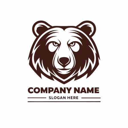 Brown bear head illustration, symmetrical design with serious expression, isolated on white backdropのイラスト素材