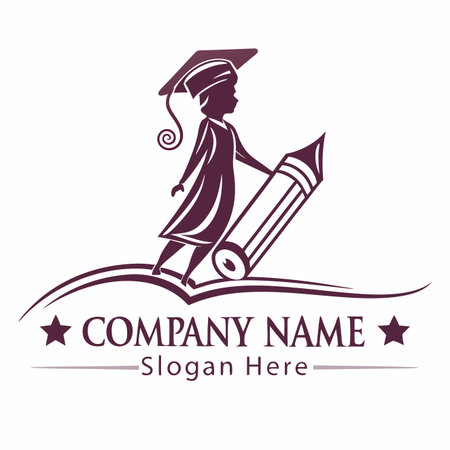 Graduate rides giant pencil over book. Education concept logo with graduation attireのイラスト素材