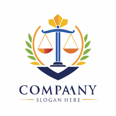 Justice emblem Scales with laurel wreath, stylized crown, navy blue, orange, and golden accentsのイラスト素材