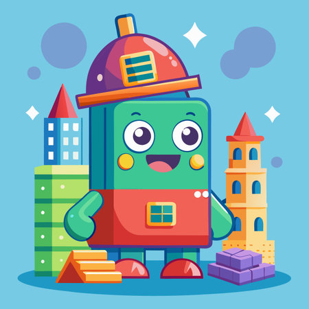 Toy-like block creature stands amidst colorful building blocks and tower structuresのイラスト素材