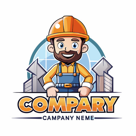 Cartoon builder, smiling with construction helmet, tools, city scene behind himのイラスト素材