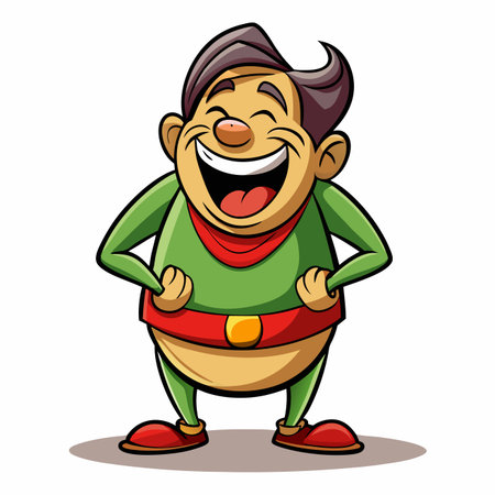 Laughing cartoon man with green top, red belt, and shiny hairのイラスト素材