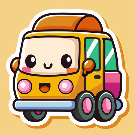 Cute, cartoon-style bus sticker with pink cheeks, smiling and round eyes. Simple and cheerfulのイラスト素材