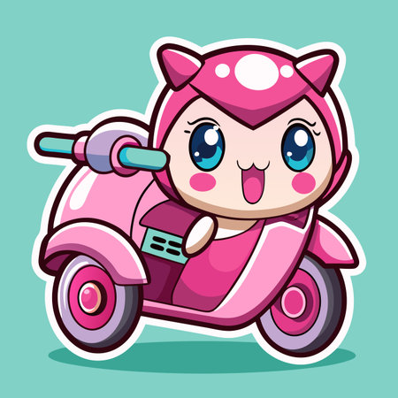 Cute pink stylized character with big blue eyes riding pink scooterのイラスト素材