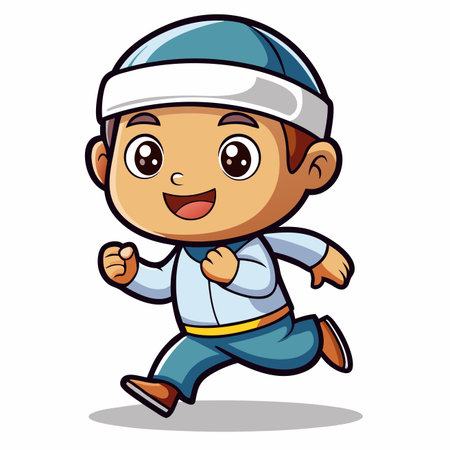 Cheerful cartoon boy wearing cap, running with a smileのイラスト素材