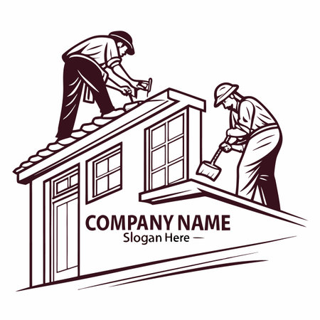 Roofers work atop house. Men with tools repair, sweep. Monochrome. Line art of home constructionのイラスト素材