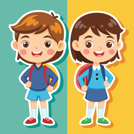 Smiling boy and girl going to school in cartoon style, wearing backpacksのイラスト素材