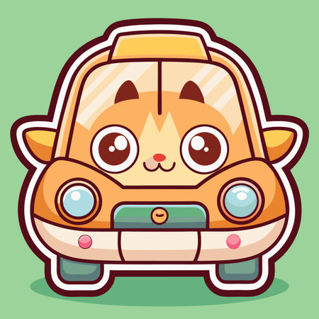 Cute cartoon car with animal face, orange and white, outlinedのイラスト素材