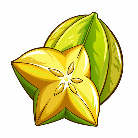Starfruit pair. One cut open showing seeds and star shape. Yellow and green with bright highlightsのイラスト素材