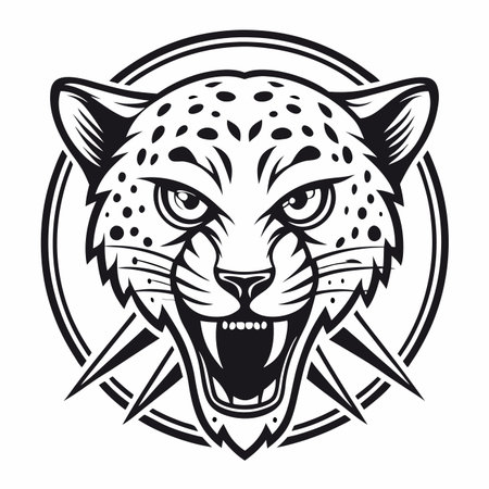 Grinning feline in circle with lightning. Black and white, fierce expressionのイラスト素材