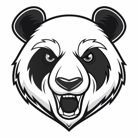 Grayscale illustration of an aggressive panda face, head forward, teeth baredのイラスト素材