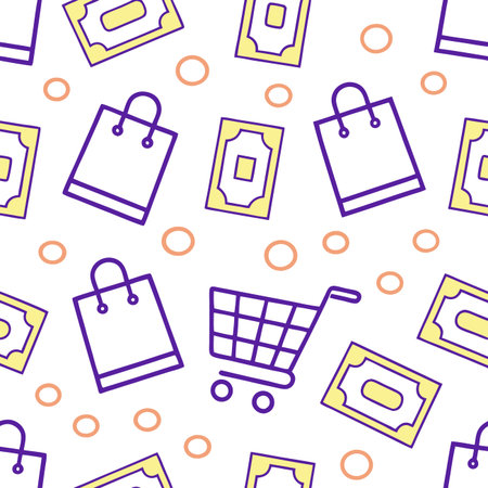 Shopping icons bags, cart, cash on white. Purple/yellowのイラスト素材